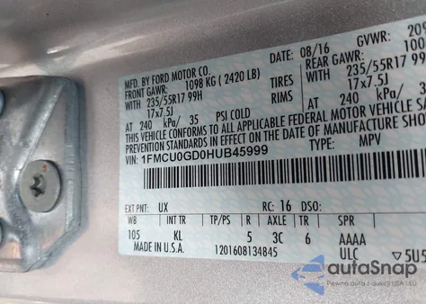 2017 Ford Escape Se z USA, uszkodzony, nr VIN 1FMCU0GD0HUB45999